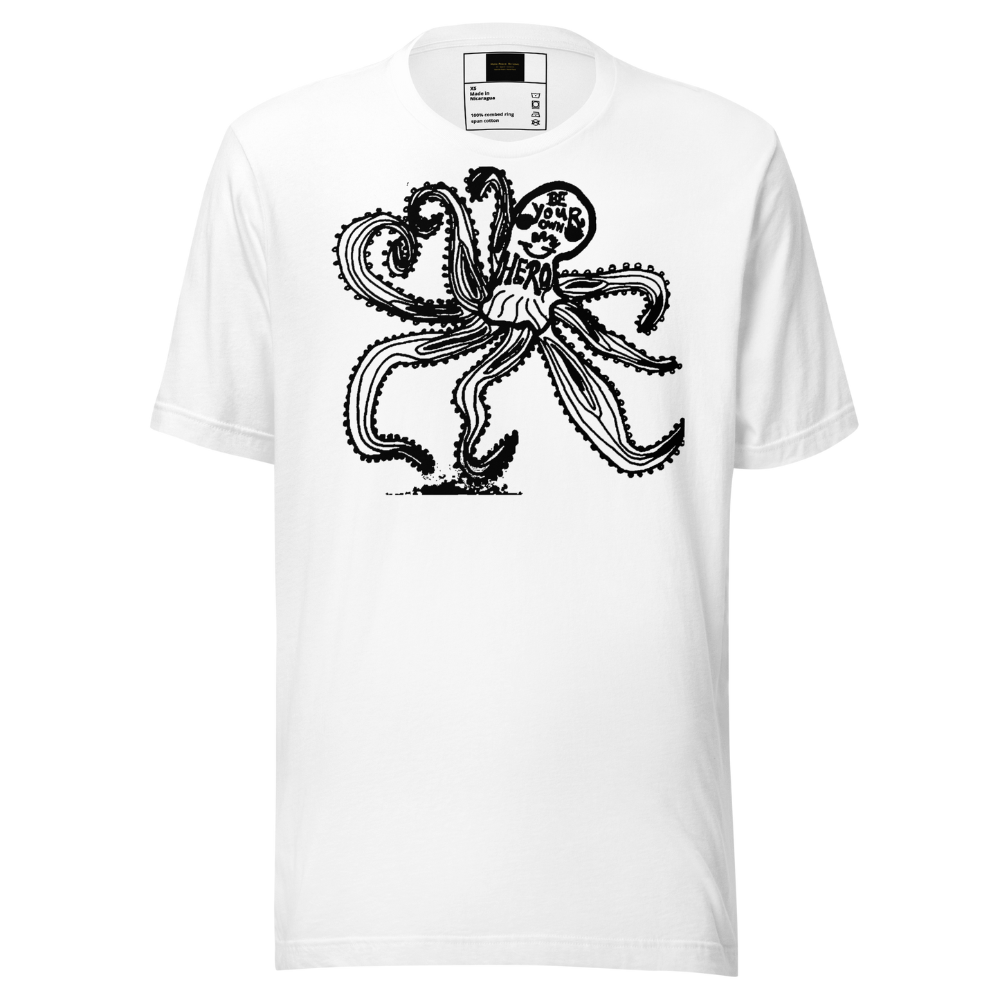 White t-shirt with black octopus graphic design on a white background