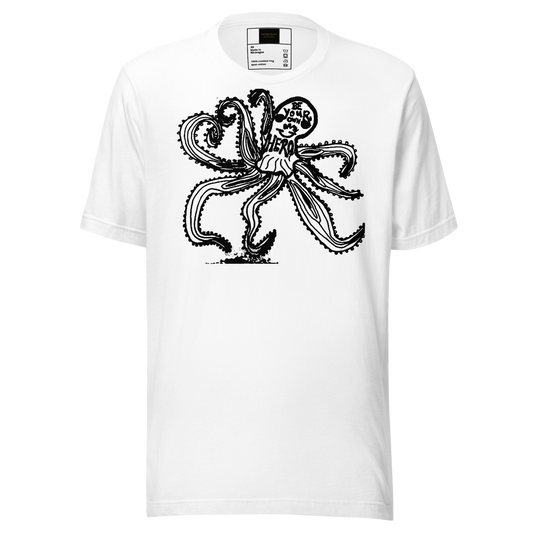 White t-shirt with black octopus graphic design on a white background
