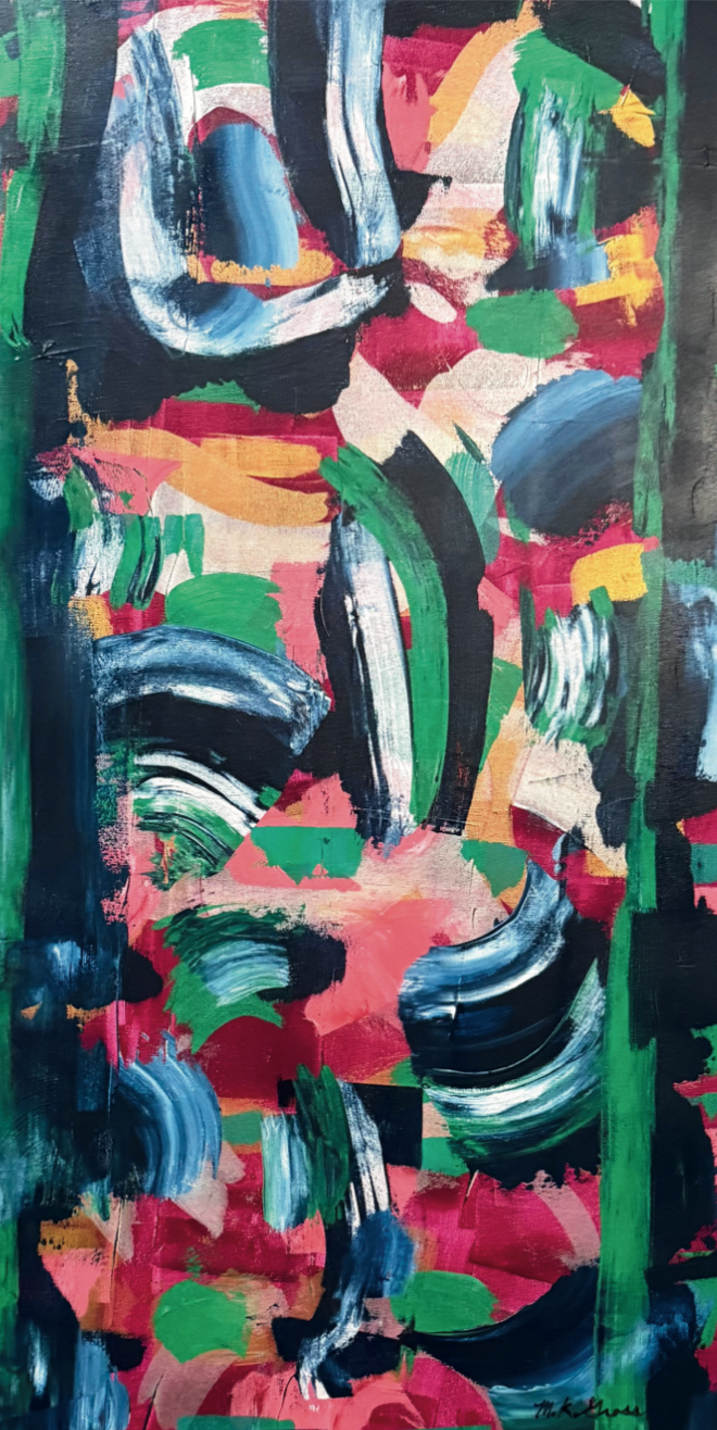 Playful Kitty abstract art by MK Gross, vibrant pink, green, blue and black brushstrokes, expressive movement, vertical 24x36 fine art poster.